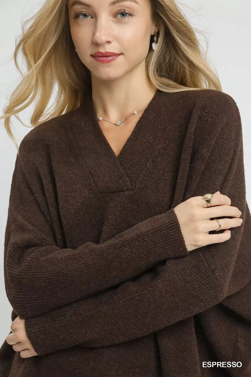 Umgee V-Neck Sweater with Wide Trim Detail  Style Ratio