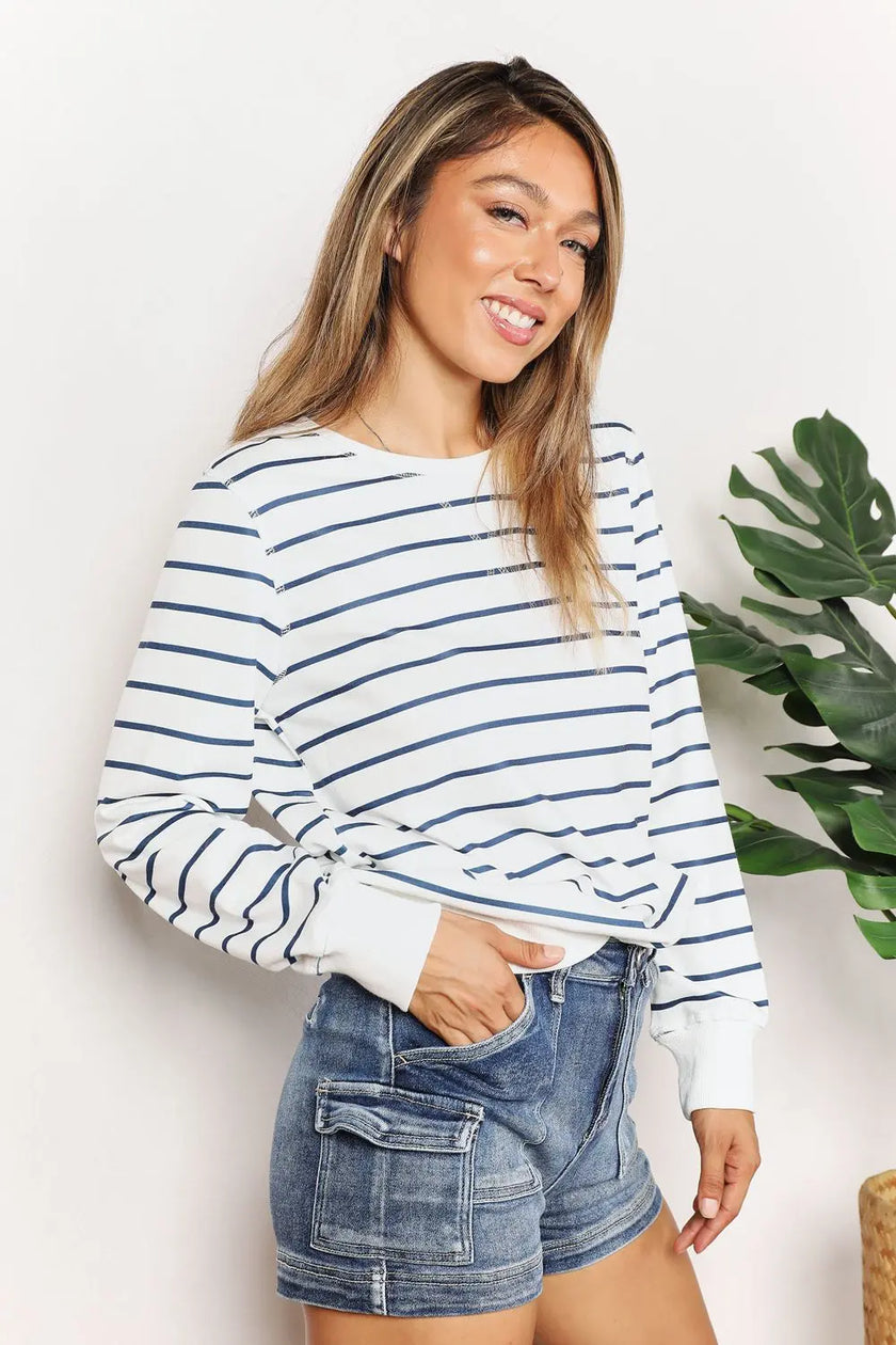 Double Take Striped Long Sleeve Round Neck Shirt  Style Ratio