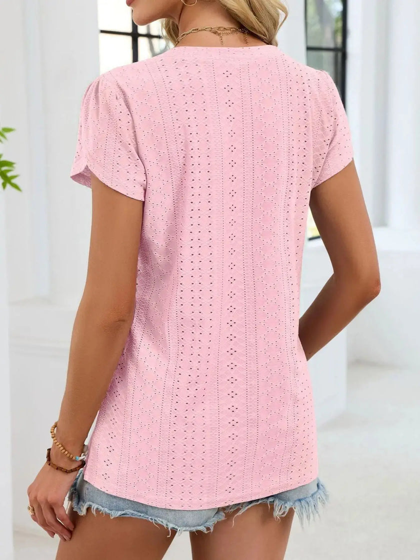 Eyelet Petal Sleeve V Neck Shirt  Style Ratio