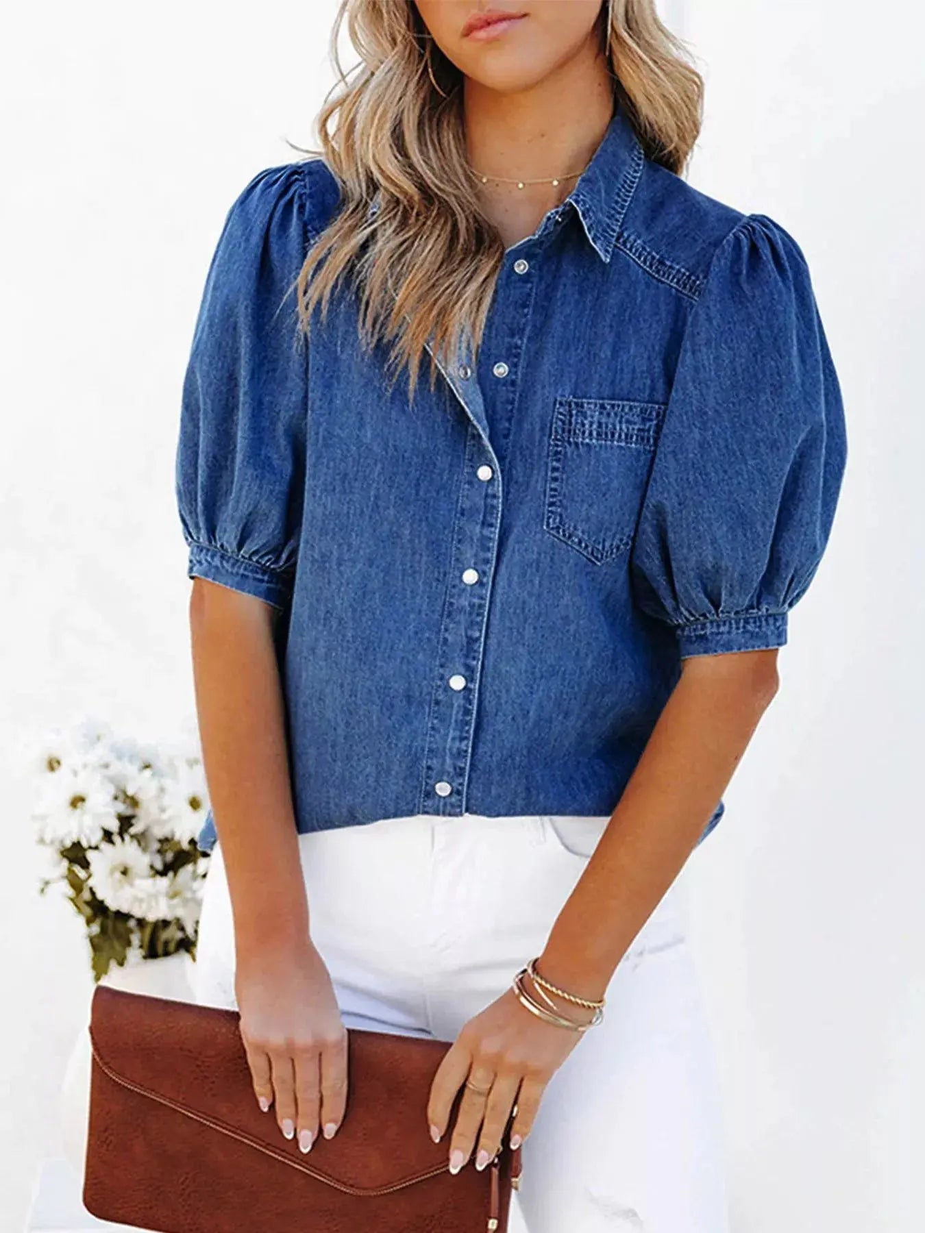 Puff Sleeve Button-Down Denim Top  Style Ratio