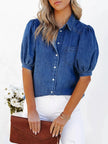 Puff Sleeve Button-Down Denim Top  Style Ratio