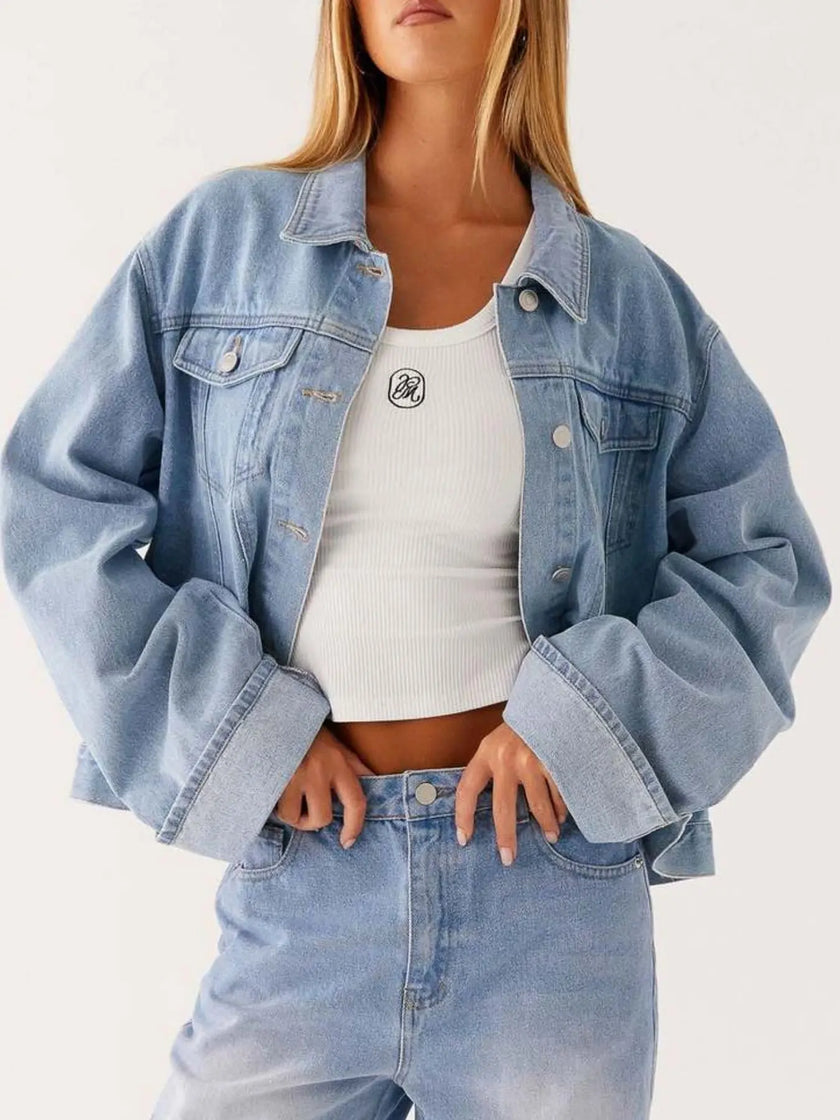 Button Down Cropped Oversized Denim Jacket  Style Ratio