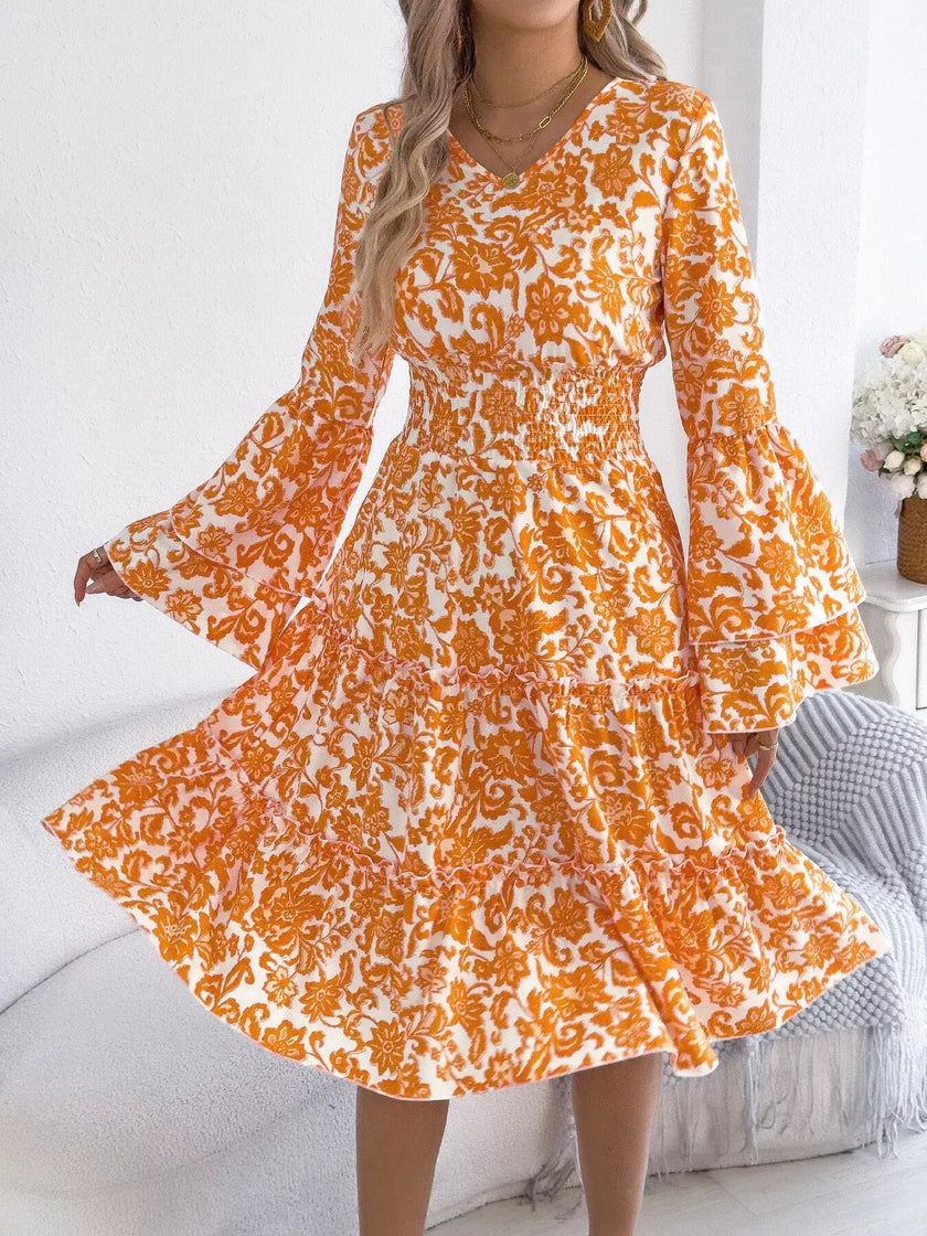 Floral Print Smocked Ruffle Hem Flared Sleeve Dress  Style Ratio