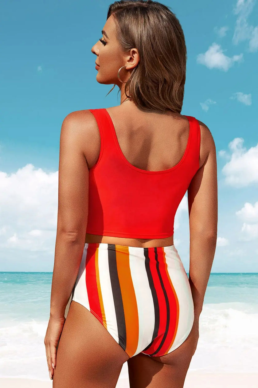 Half Snap Square Neck Tankini Set  Style Ratio