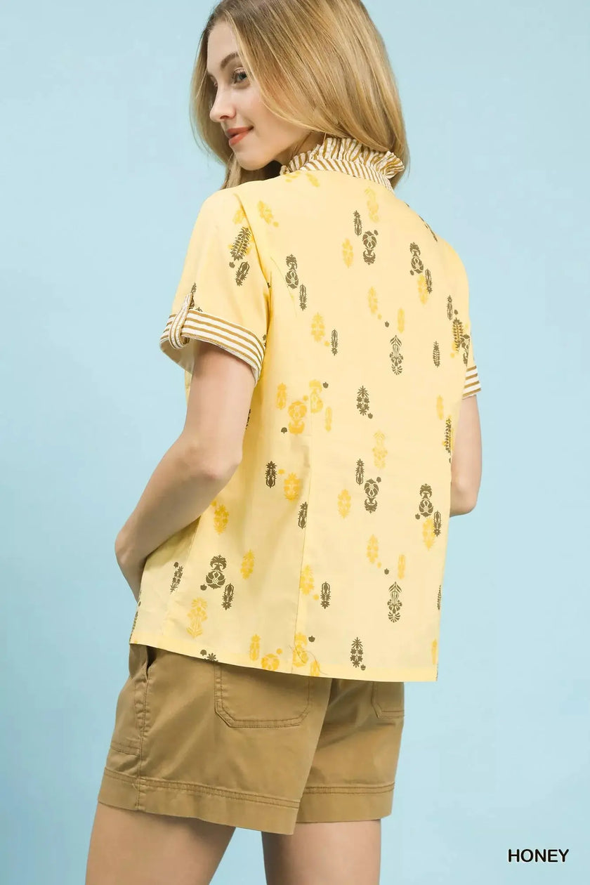 Umgee Printed Ruffle Trim Button Front Blouse  Style Ratio