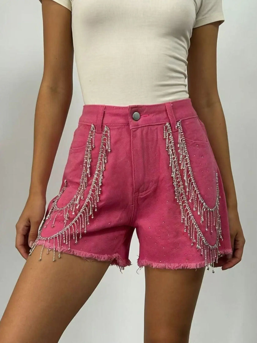 Rhinestone Chain Raw Hem Denim Shorts  Style Ratio