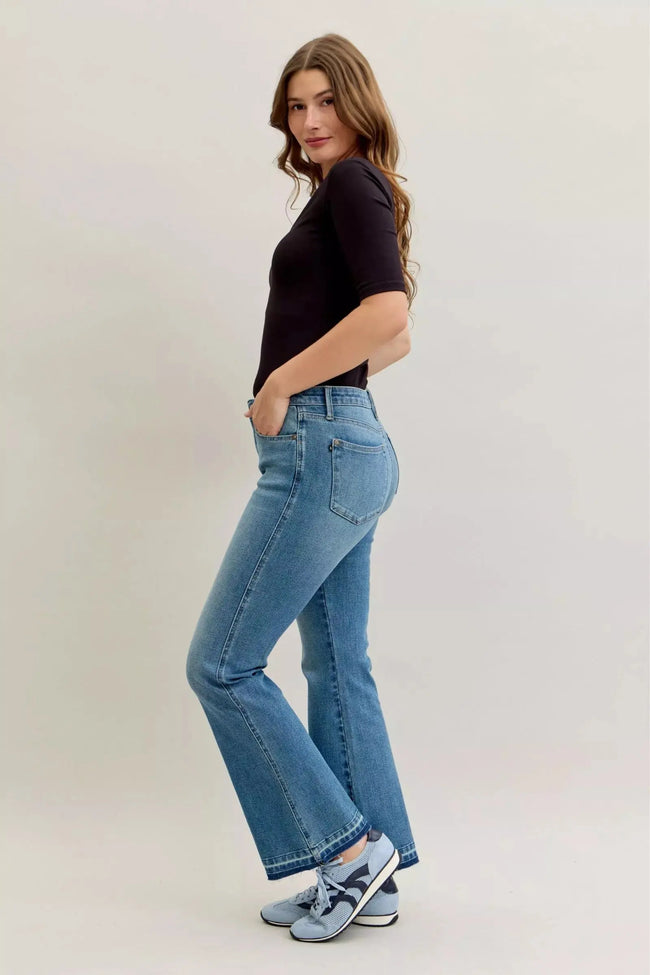 Judy Blue Full Size Mid Rise Slim Bootcut Tummy Control Release Hem Jeans  Style Ratio