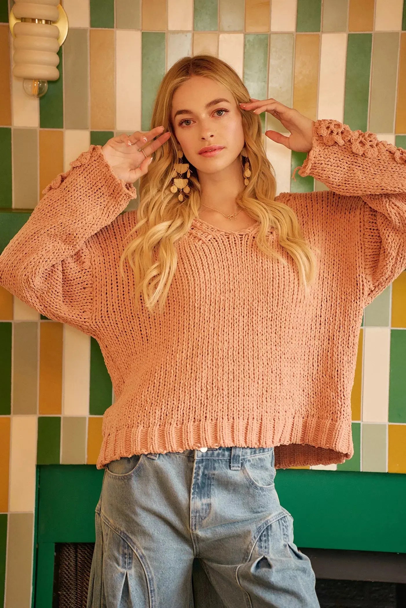 BiBi Chunky Knit Sweater with Flower Detail Sleeves  Style Ratio