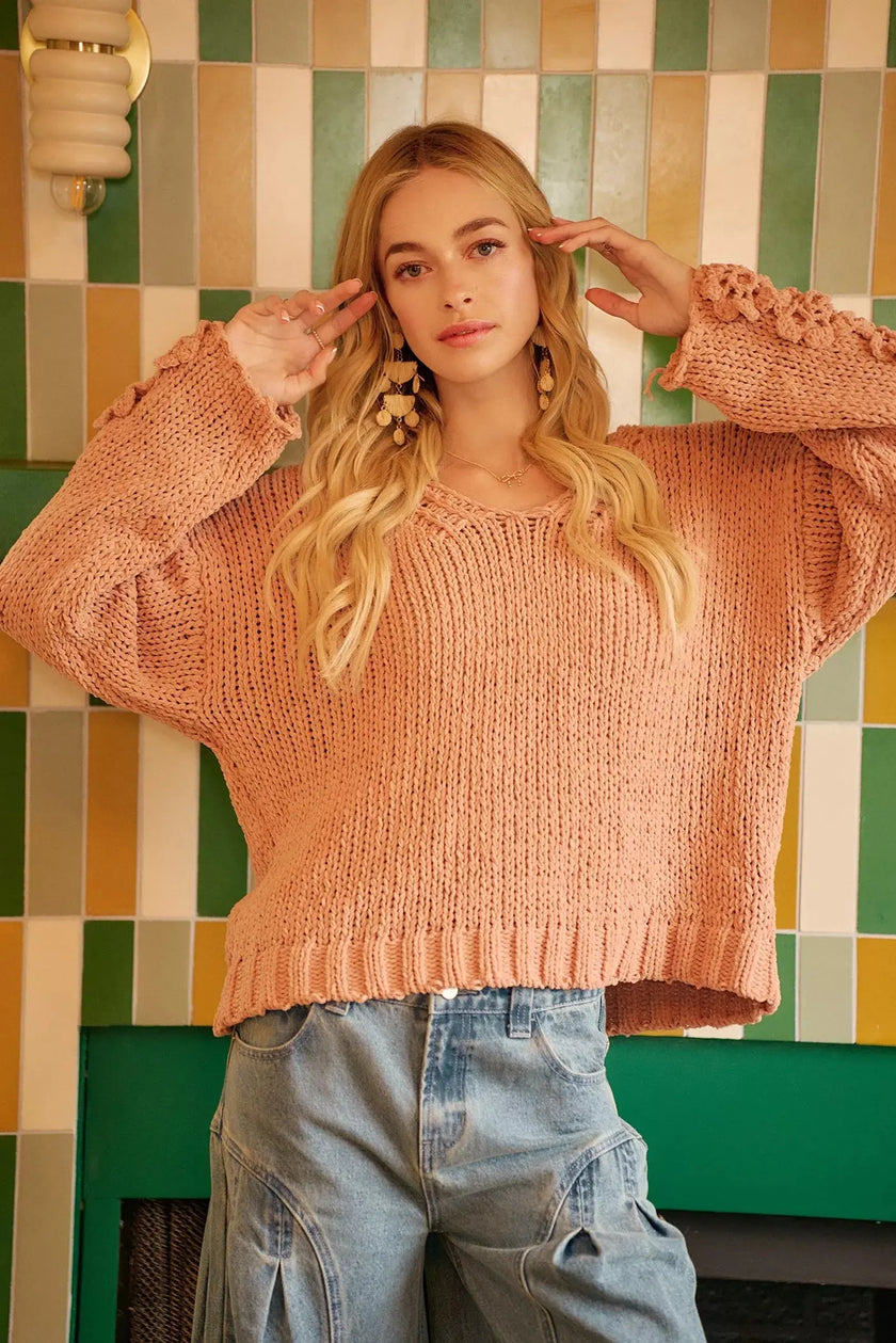 BiBi Chunky Knit Sweater with Flower Detail Sleeves  Style Ratio