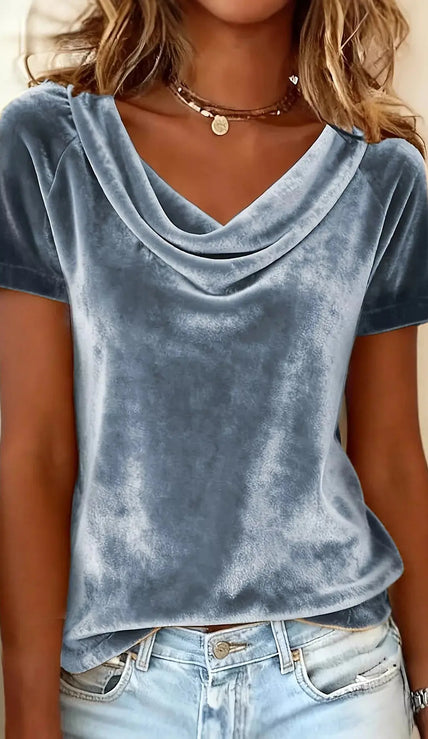Full Size Cowl Neck Short Sleeve Top  Style Ratio