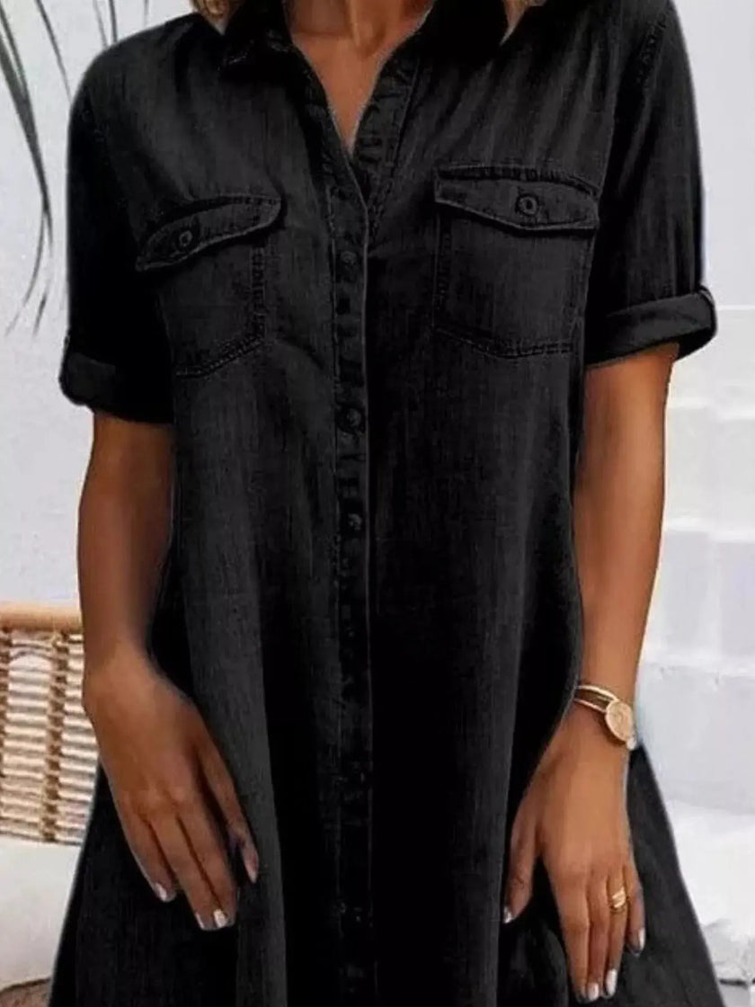 Full Size Button-Front Short Sleeve Denim Dress  Style Ratio
