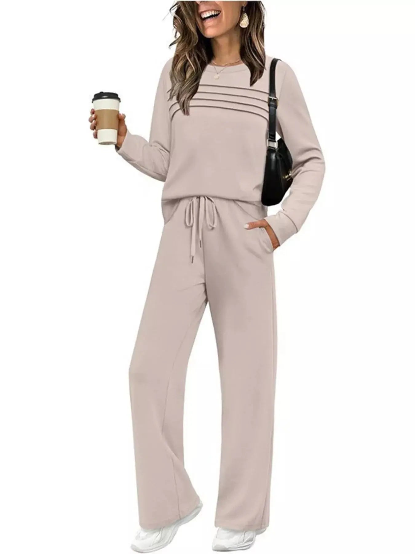 Full Size Long Sleeve Round Neck Top and Pants Set  Style Ratio