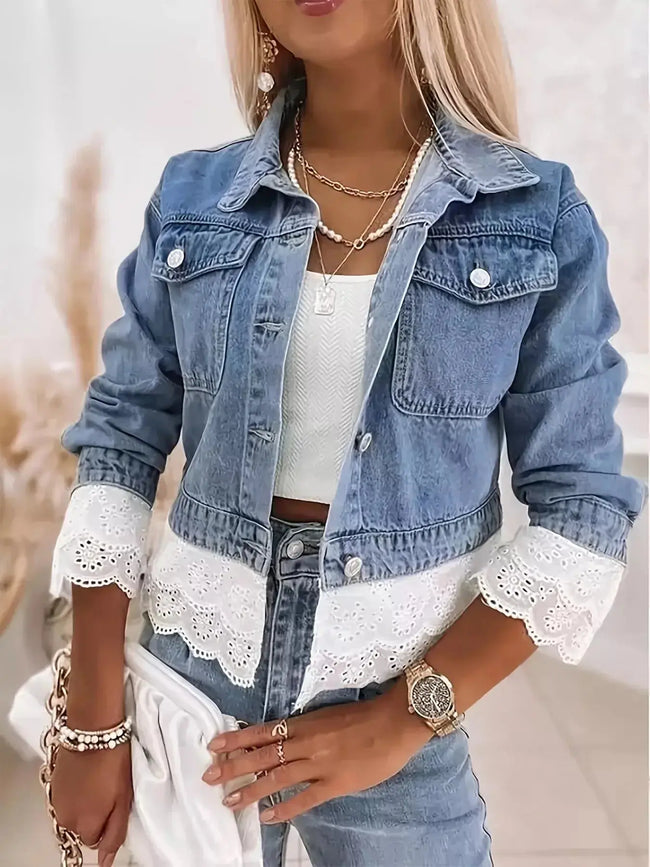 Cropped Denim Jacket with Lace Trim  Style Ratio
