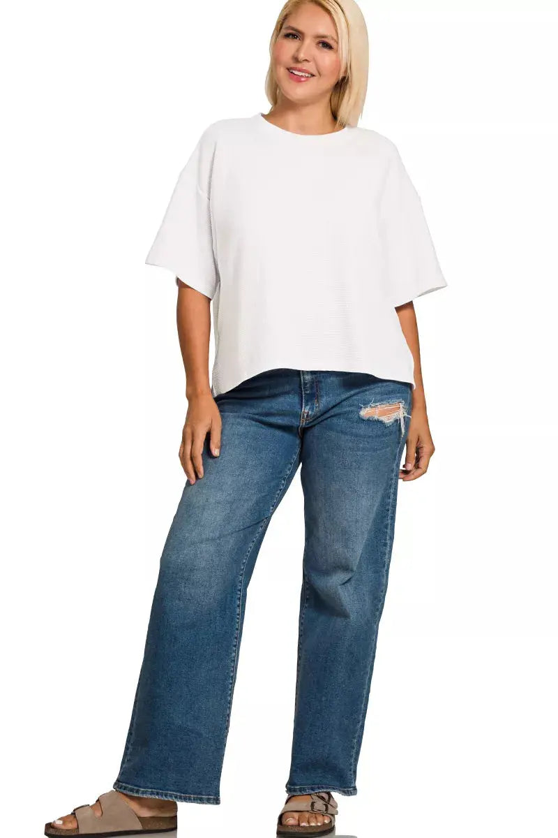 Zenana Full Size Double Knit Side Slits Hi Low Short Sleeve Shirt  Style Ratio