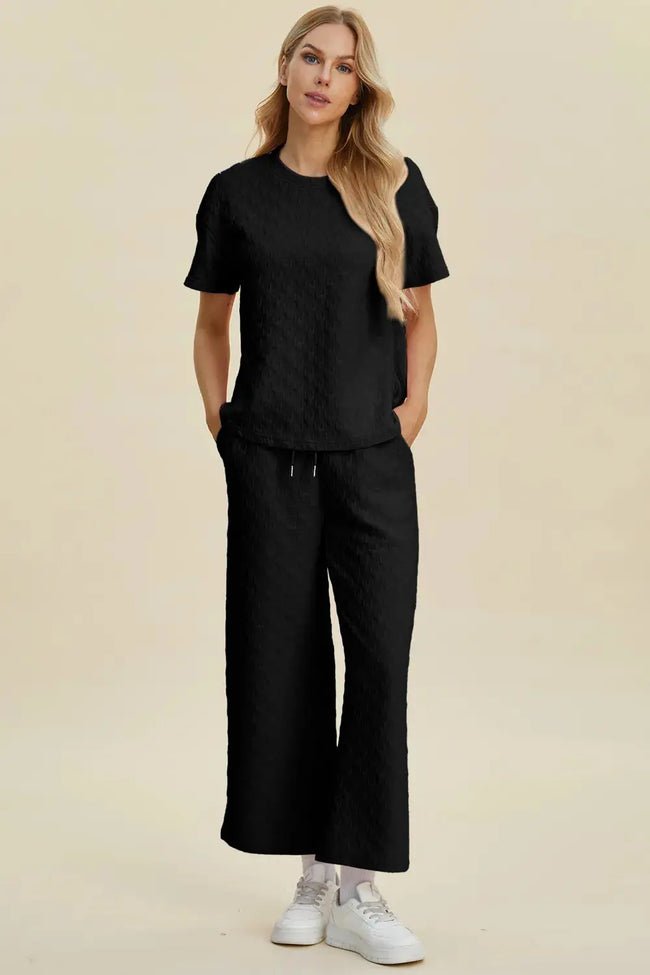 Double Take Full Size Round Neck Short Sleeve Top and Pants Loungewear  Style Ratio