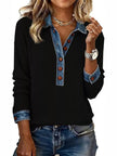 Full Size Denim Trim Button Front Ribbed Knit Top Plus Size  Style Ratio