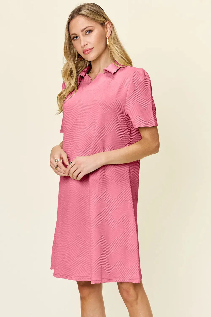 Double Take Full Size Texture Collared Neck Short Sleeve Dress  Style Ratio
