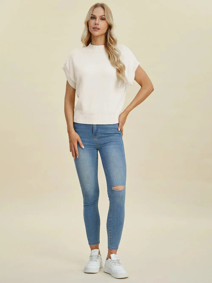Double Take Full Size Mock Neck Short Sleeve Sweater  Style Ratio