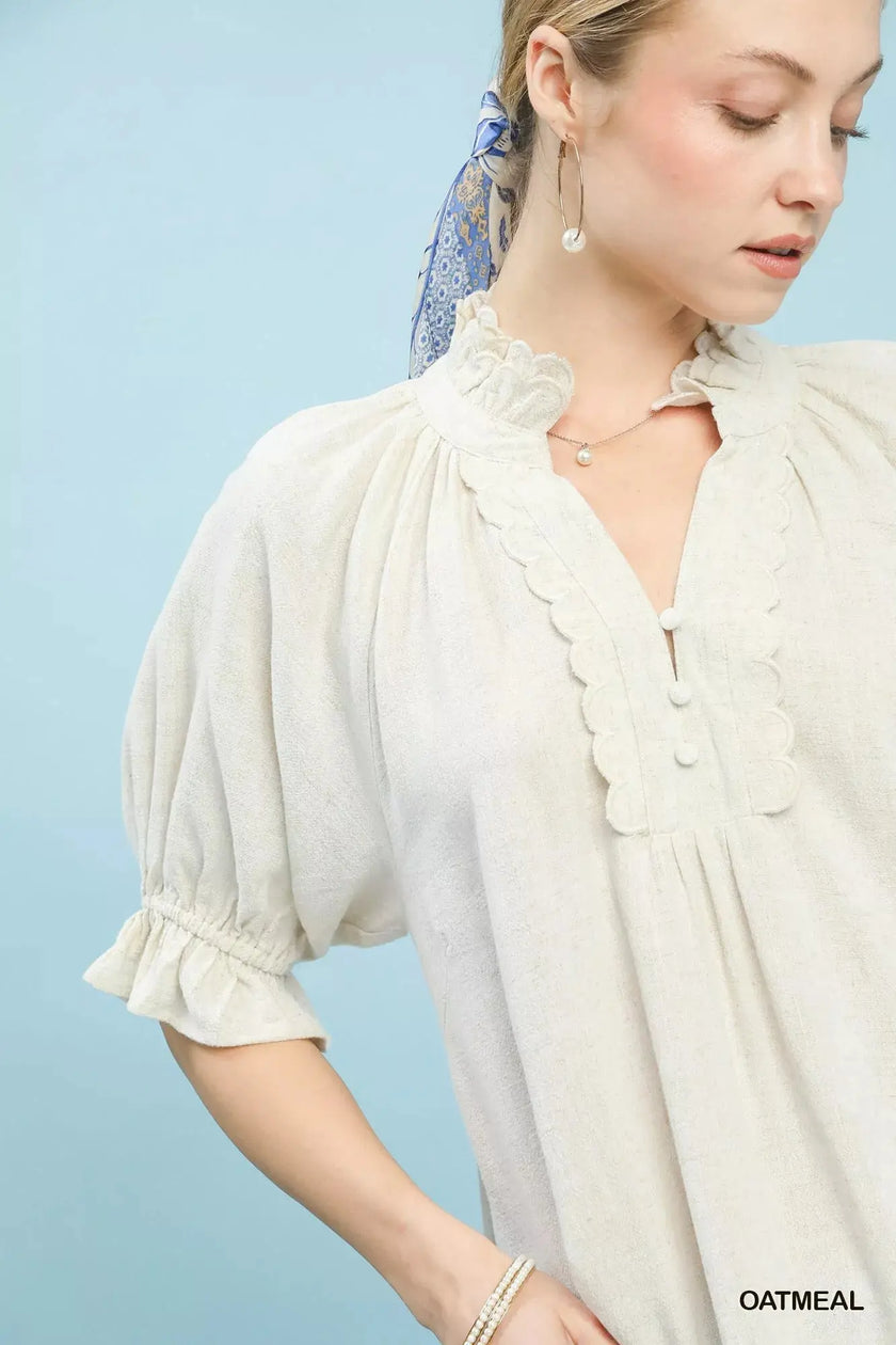 Umgee Linen Scalloped Ruffle Neck Blouse  Style Ratio