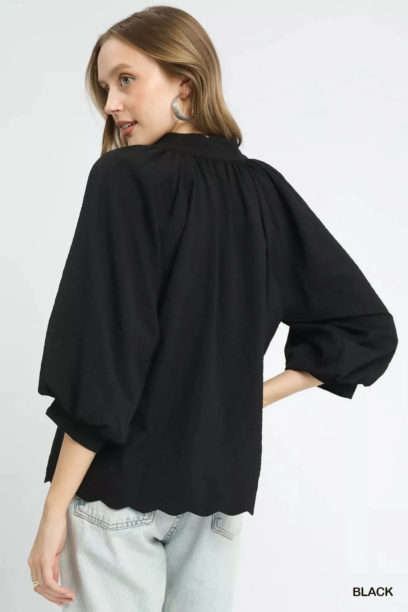Umgee Full Size Textured Notched Balloon Sleeve Blouse  Style Ratio