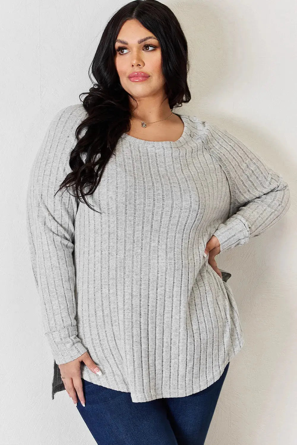 Basic Bae Full Size Ribbed Round Neck Long Sleeve Shirt  Style Ratio