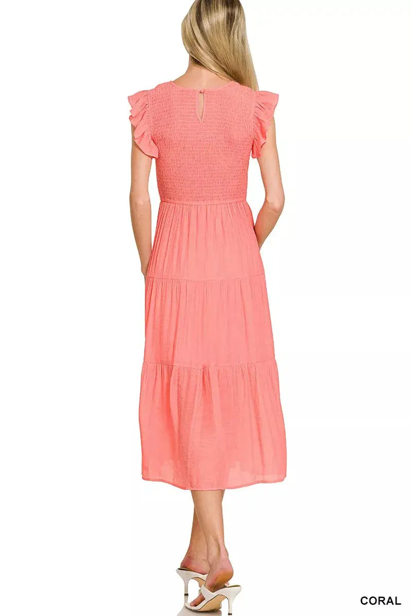 Zenana Woven Smocked Ruffle Sleeve Midi Dress  Style Ratio