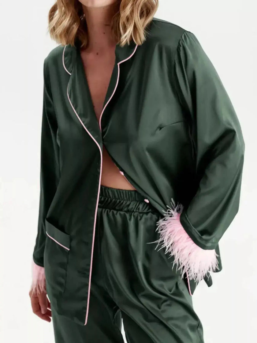 Silky Button Up Top and Pants Lounge Set  Style Ratio