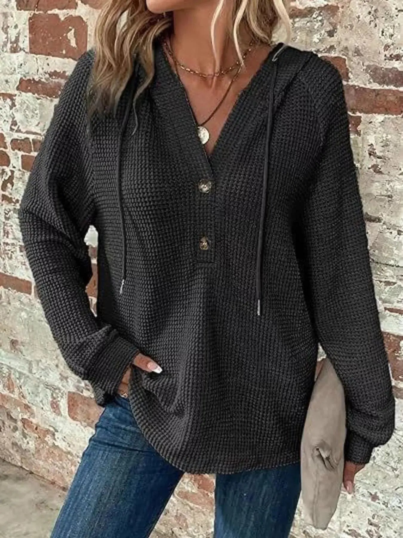 Full Size Button Detail Waffle Knit Hoodie  Style Ratio
