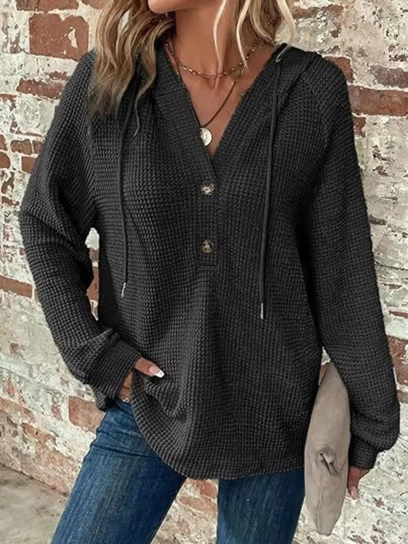 Full Size Button Detail Waffle Knit Hoodie  Style Ratio