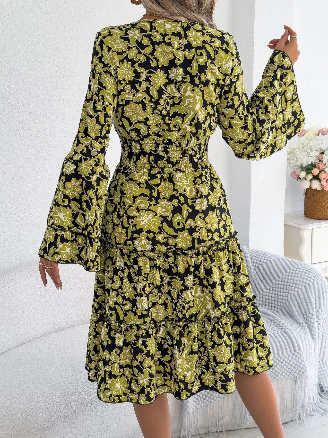 Floral Print Smocked Ruffle Hem Flared Sleeve Dress  Style Ratio