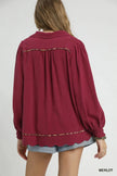 Umgee Full Size Linen Scallop Hem Blouse with Contrast Trim  Style Ratio