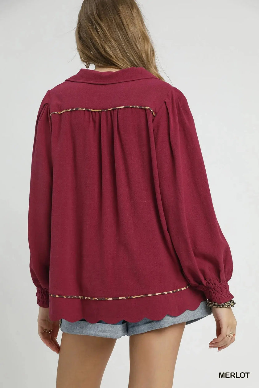Umgee Full Size Linen Scallop Hem Blouse with Contrast Trim  Style Ratio