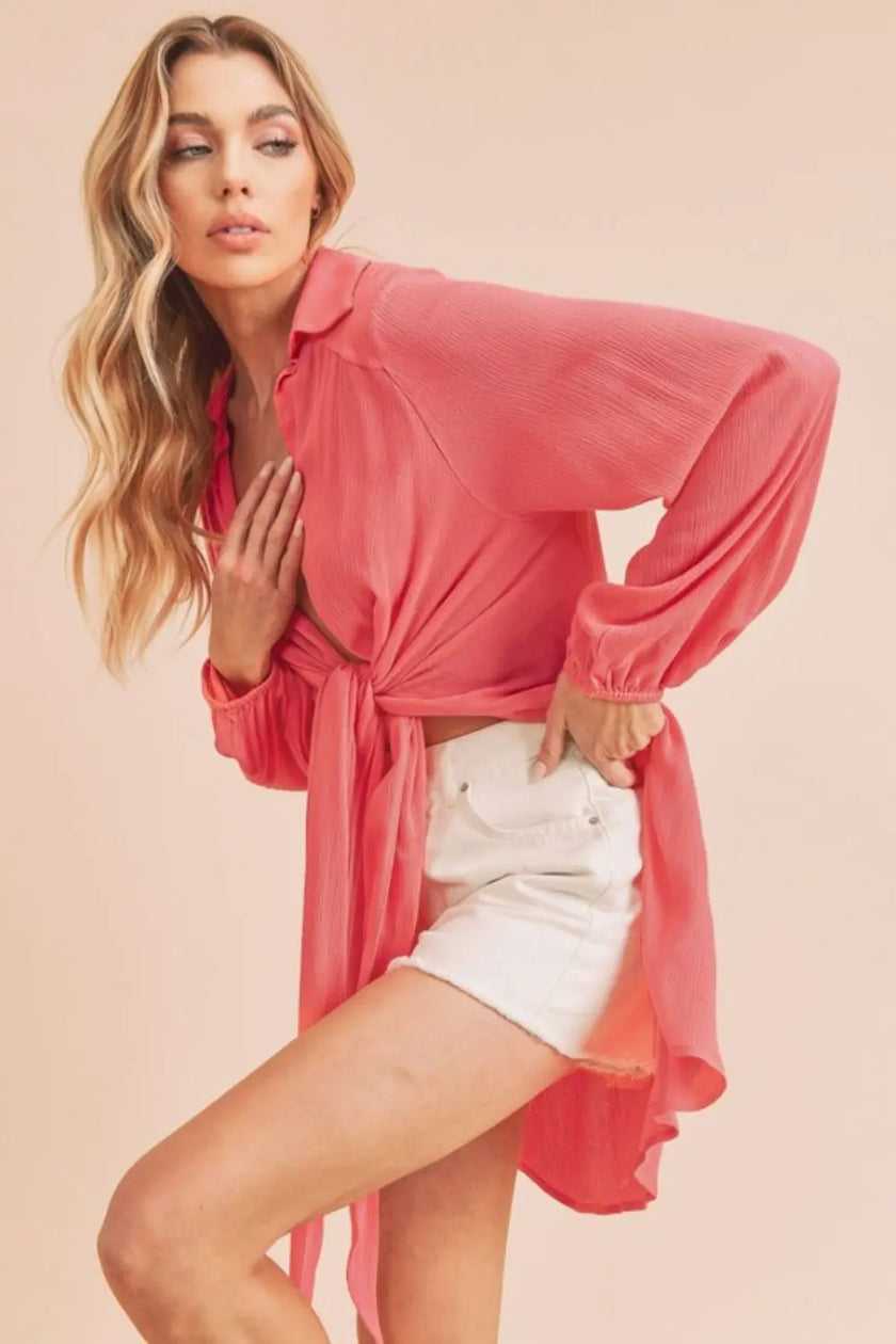 Aemi + Co Tied Collared Neck Long Sleeve Blouse  Style Ratio