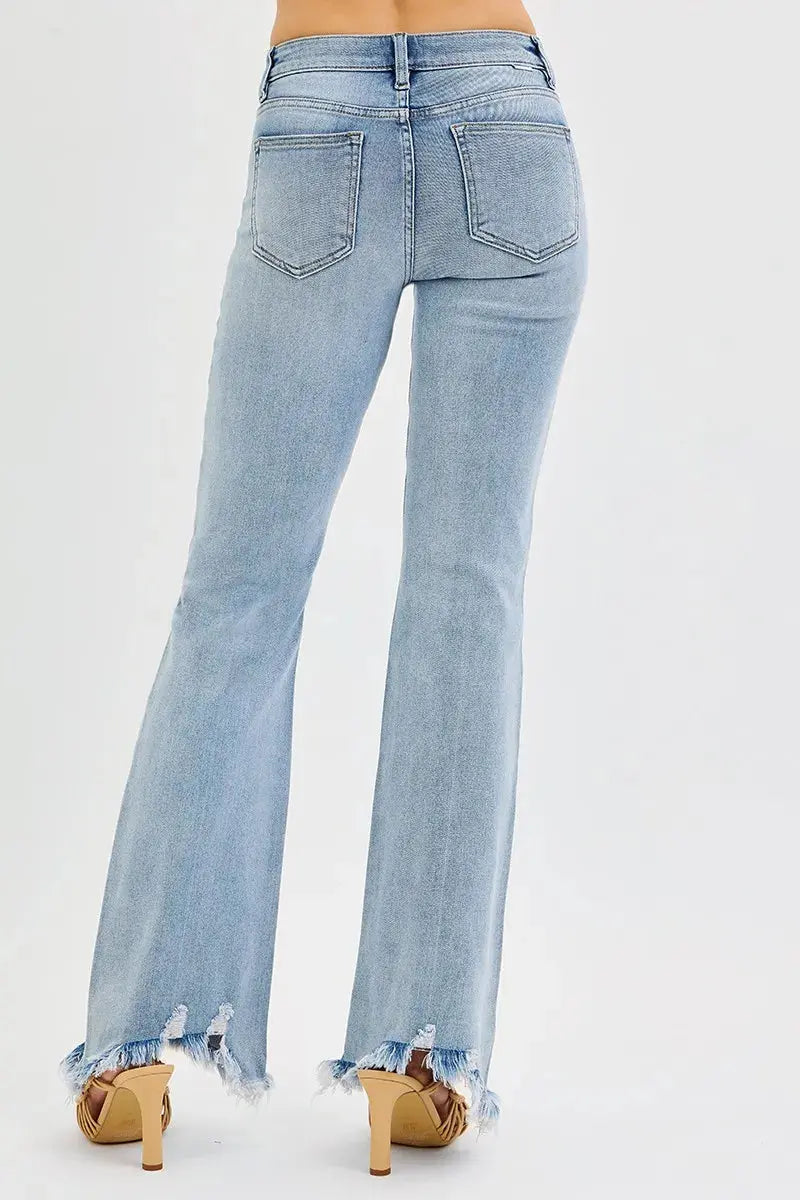 RISEN Full Size Tummy Control Mid Rise Flare Jeans with Fray Hem Detailed  Style Ratio