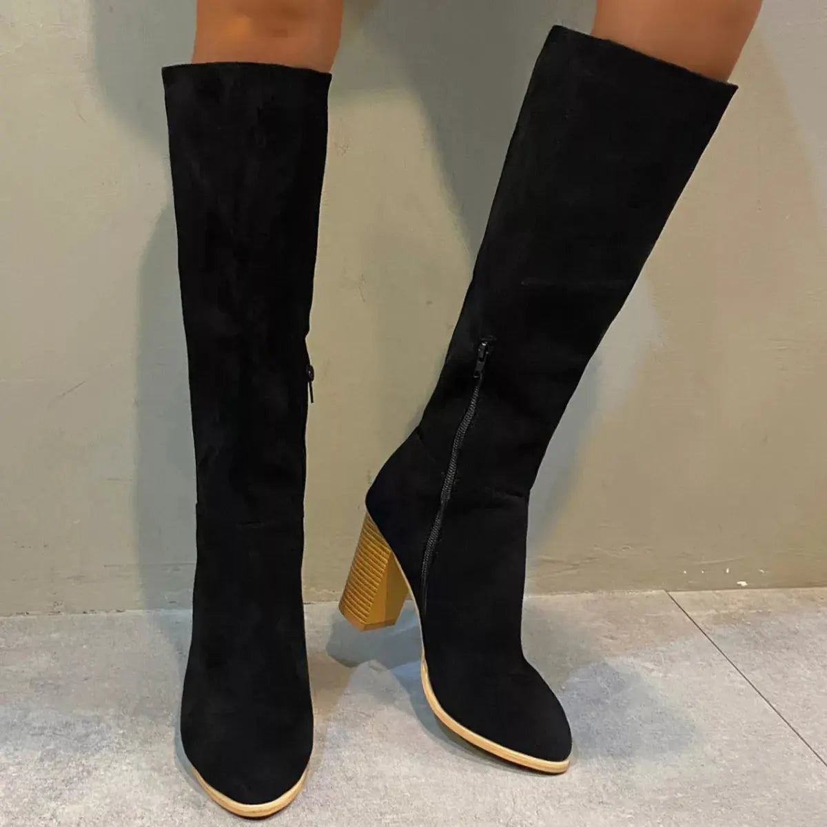 Point Toe Knee-High Suede Block Heel Boots  Style Ratio