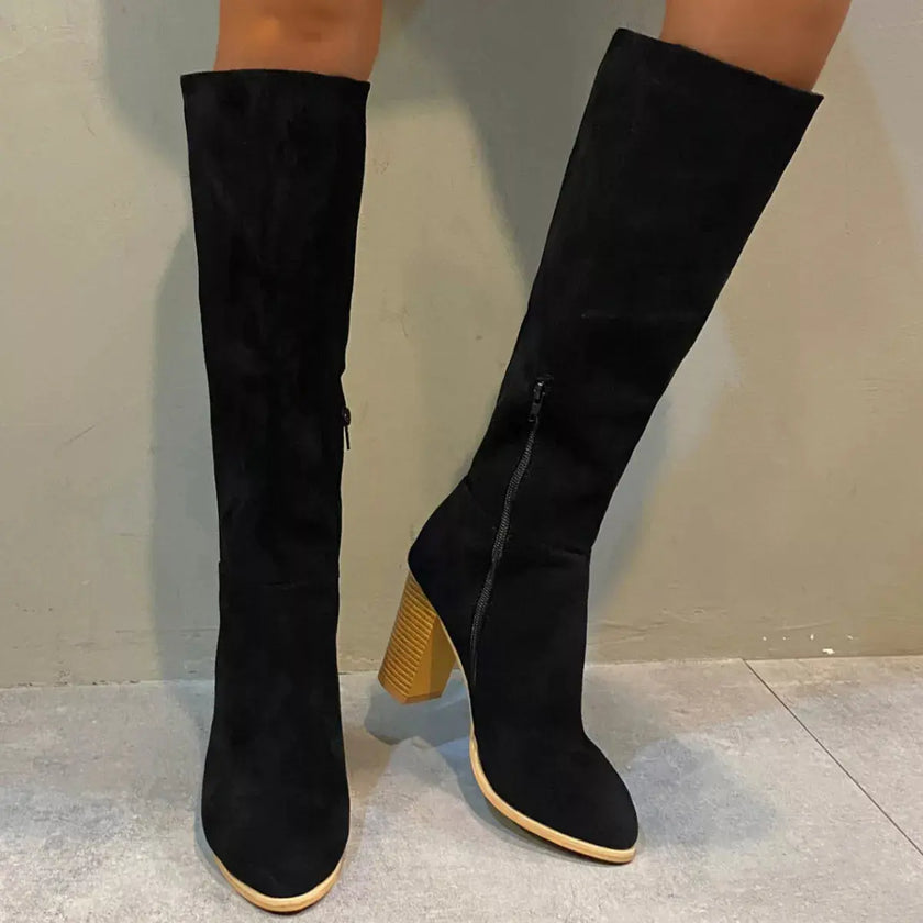 Point Toe Knee-High Suede Block Heel Boots  Style Ratio