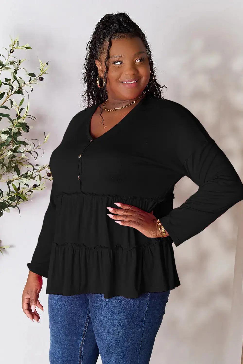 Double Take Half Button Long Sleeve Ruffle Hem Blouse  Style Ratio