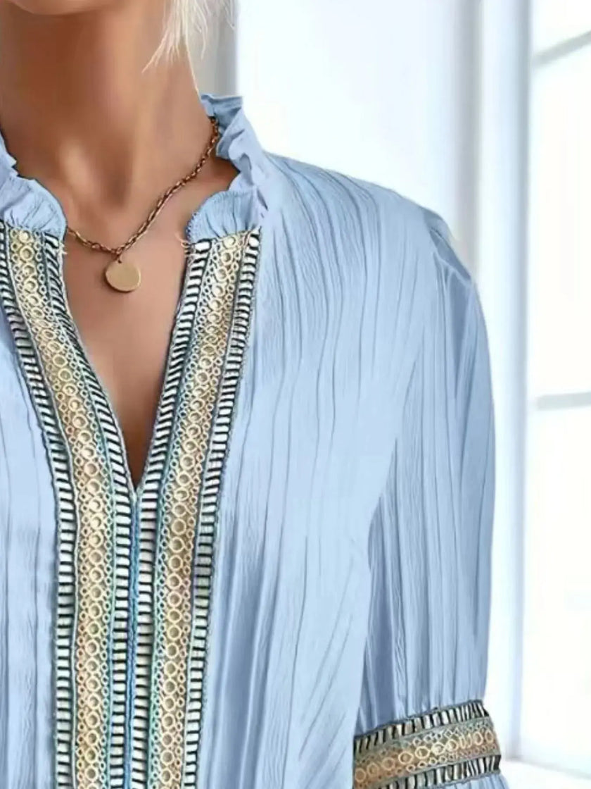 Notched Textured Balloon Sleeve Blouse  Style Ratio