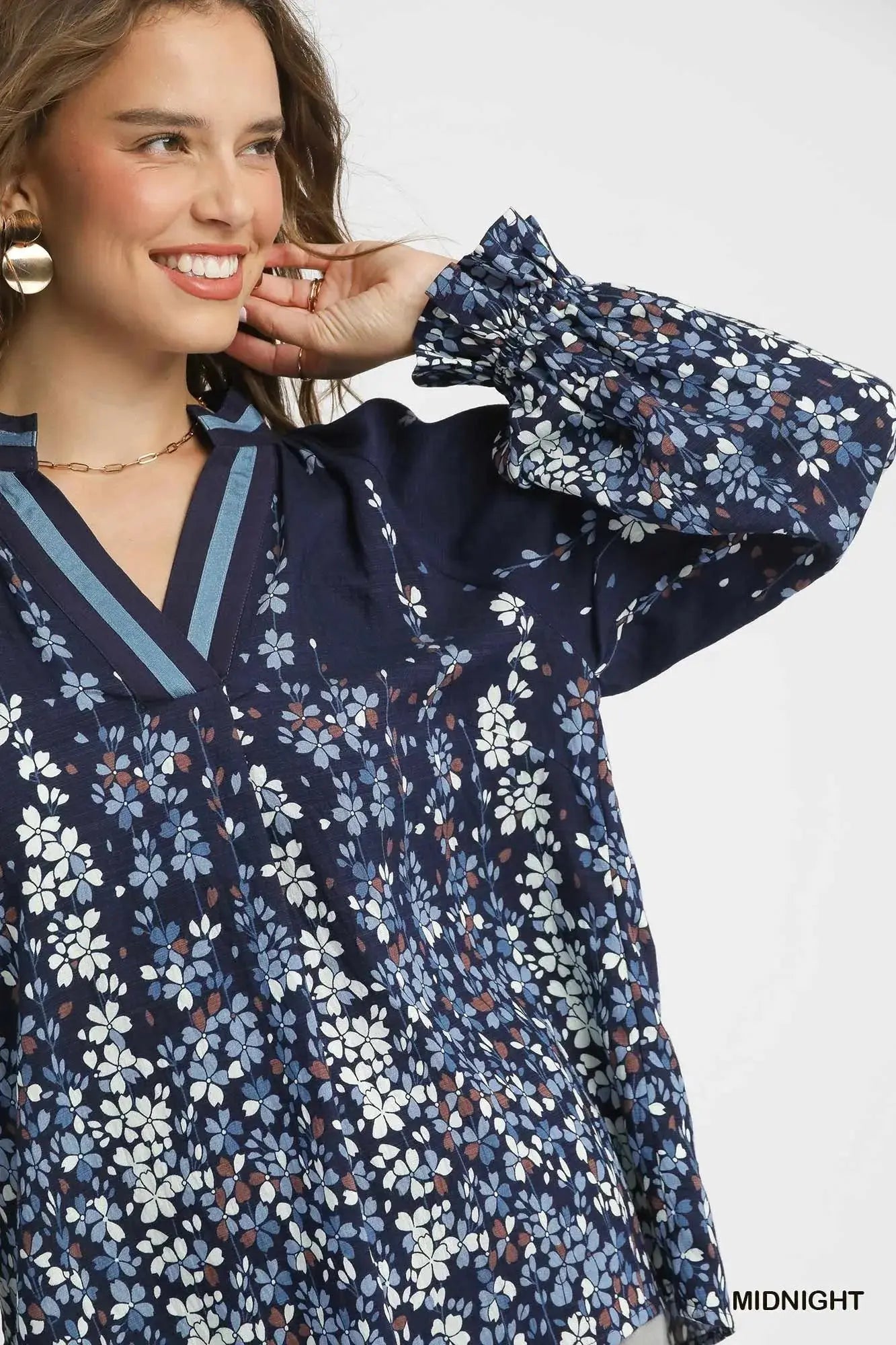 Umgee Full Size Floral Vine Print Blouse with Balloon Sleeves  Style Ratio