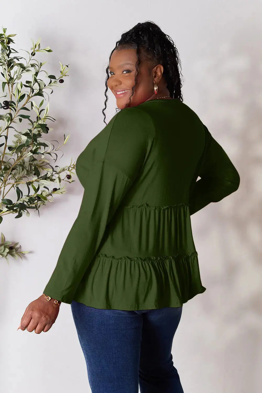 Double Take Half Button Long Sleeve Ruffle Hem Blouse  Style Ratio