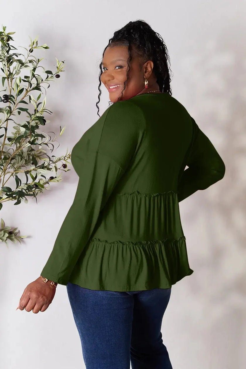 Double Take Half Button Long Sleeve Ruffle Hem Blouse  Style Ratio