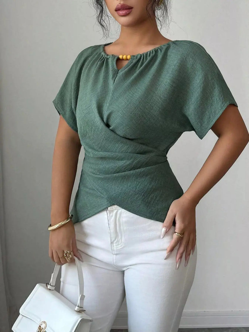 Beaded Neckline Short Sleeve Blouse  Style Ratio