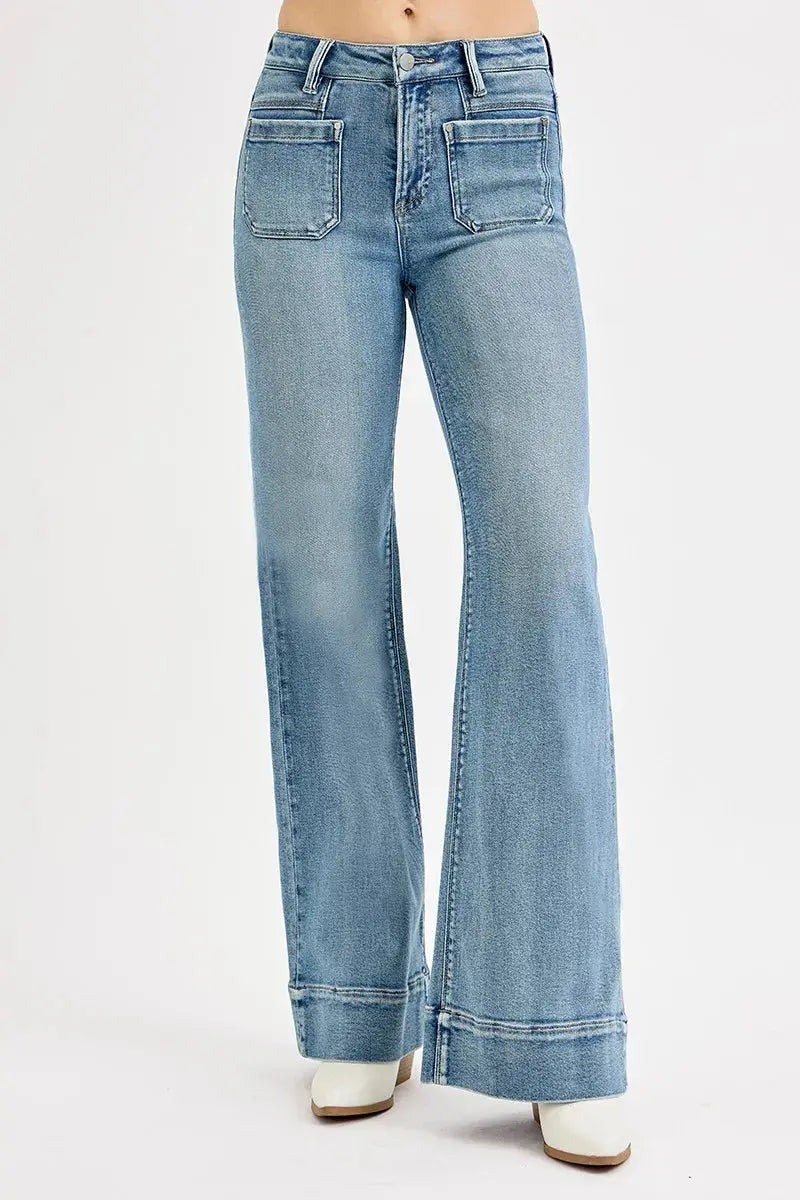 RISEN High Rise Wide Flare Patch Pocket Jeans  Style Ratio