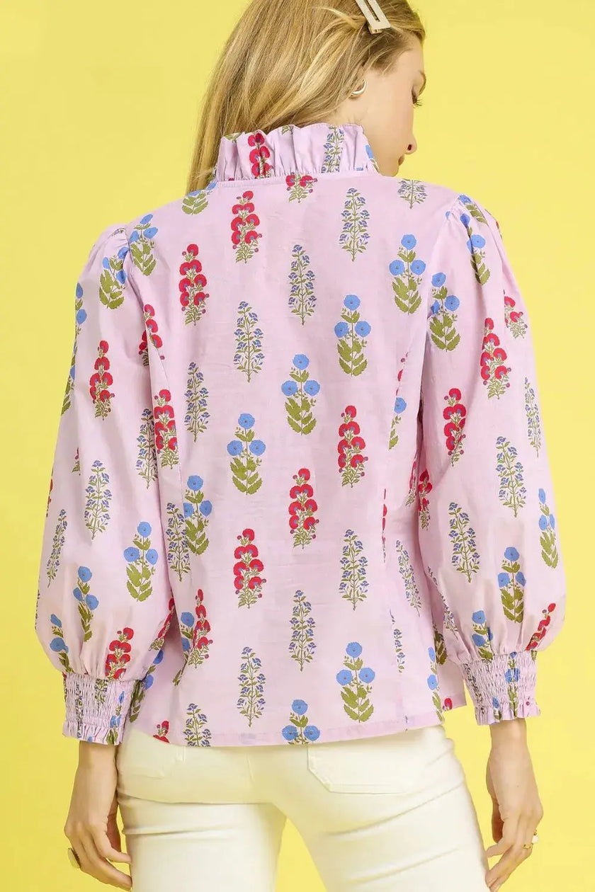 Umgee Floral Print Lantern Sleeve Button Down Blouse  Style Ratio