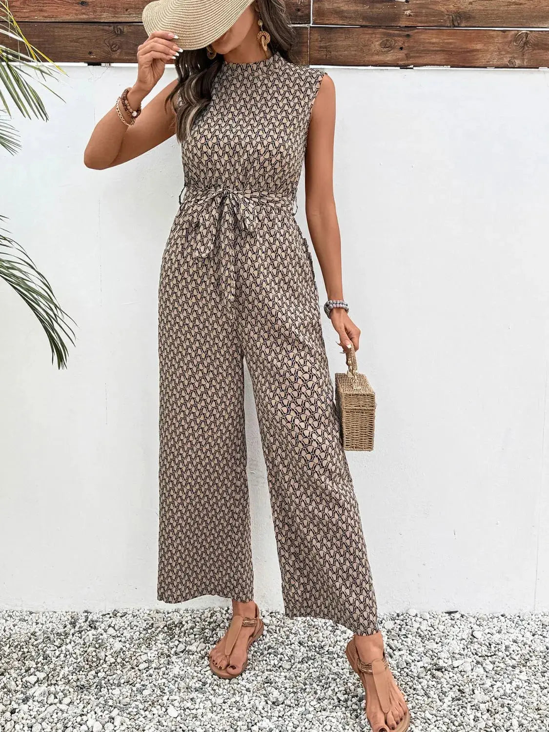 Printed Mock Neck Sleeveless Jumpsuit  Style Ratio