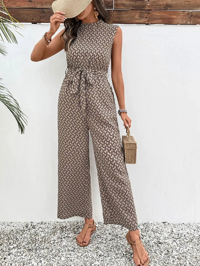 Printed Mock Neck Sleeveless Jumpsuit  Style Ratio