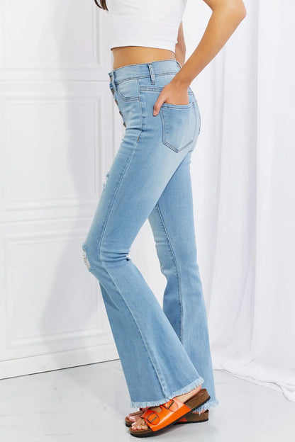 Vibrant MIU High Rise Button Flare Jeans Trendsi