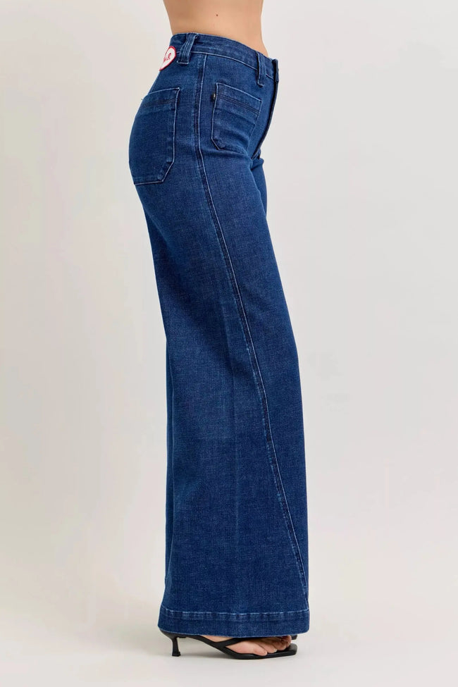 Judy Blue High-Waisted Retro Wide Jeans with Patch Pkts & Twisted Seams  Style Ratio