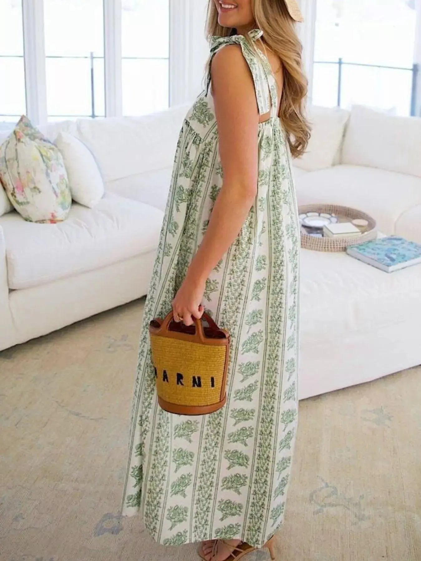Elegant Floral Print Tie-Shoulder Dress  Style Ratio