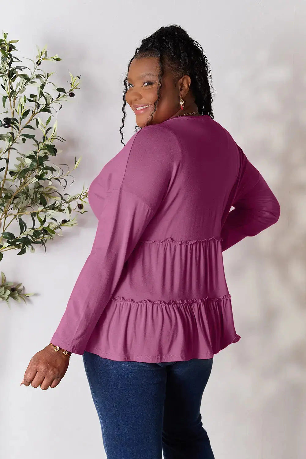 Double Take Half Button Long Sleeve Ruffle Hem Blouse  Style Ratio